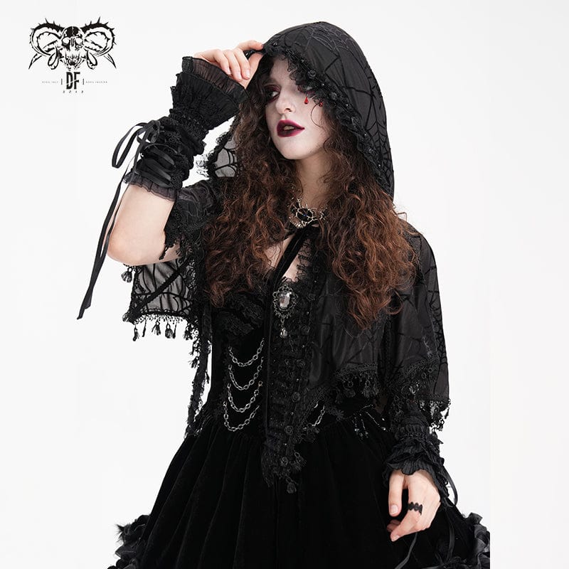 DEVIL FASHION Women's Gothic Tassels Strap Mesh Cape with Hood