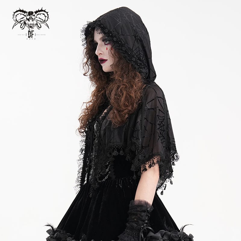 DEVIL FASHION Women's Gothic Tassels Strap Mesh Cape with Hood