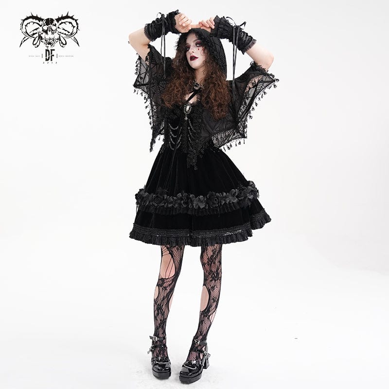 DEVIL FASHION Women's Gothic Tassels Strap Mesh Cape with Hood