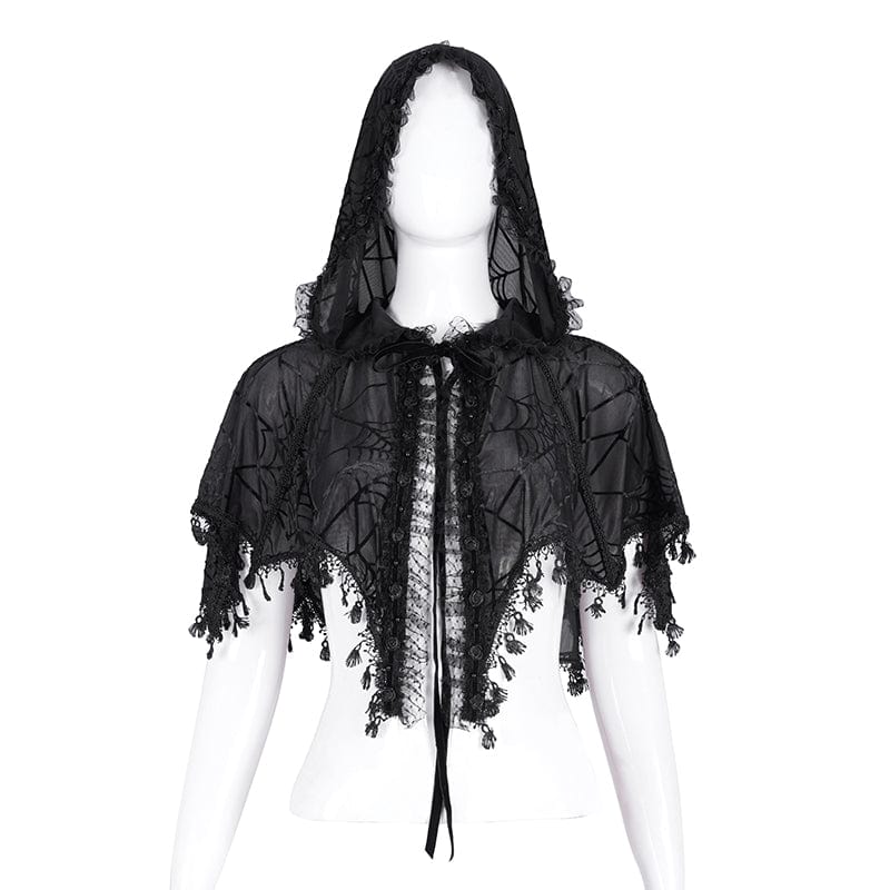 DEVIL FASHION Women's Gothic Tassels Strap Mesh Cape with Hood