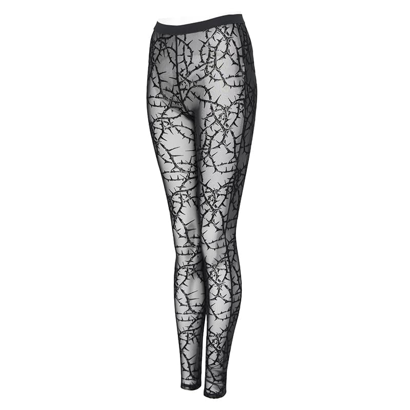 DEVIL FASHION Women's Gothic Thorny Vine Flocked Sheer Mesh Leggings