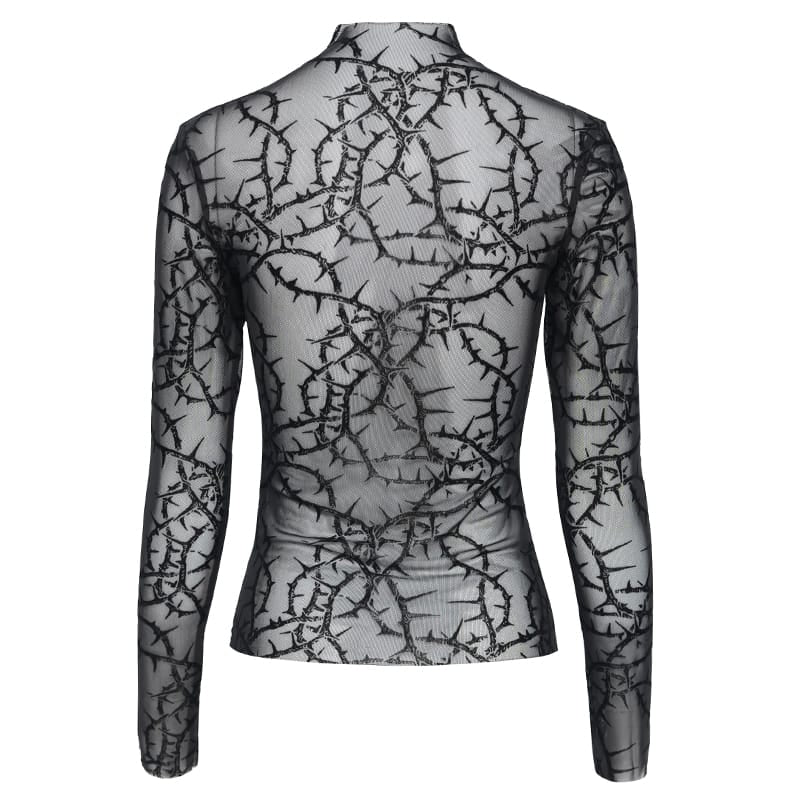 DEVIL FASHION Women's Gothic Thorny Vine Flocked Sheer Mesh Long Sleeve Top