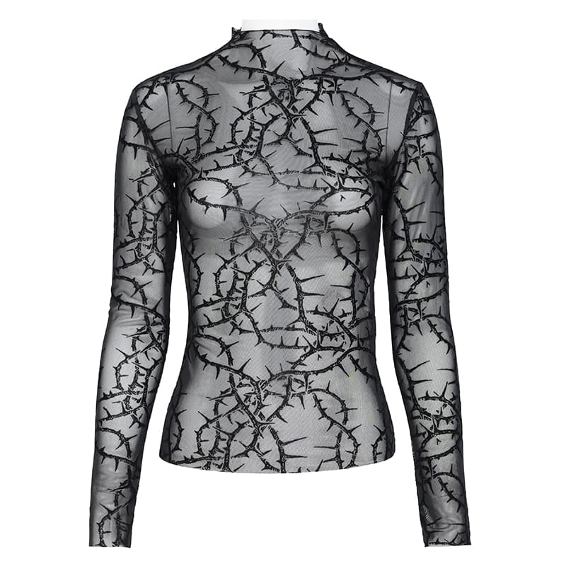 DEVIL FASHION Women's Gothic Thorny Vine Flocked Sheer Mesh Long Sleeve Top