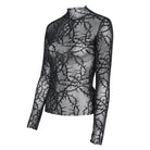 DEVIL FASHION Women's Gothic Thorny Vine Flocked Sheer Mesh Long Sleeve Top