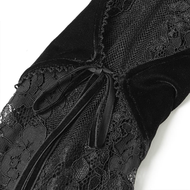 DEVIL FASHION Women's Gothic Velvet Plunging V-Neck Lace Mesh Long Sleeve Dress Black