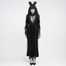 DEVIL FASHION Women's Gothic Velvet Plunging V-Neck Lace Mesh Long Sleeve Dress Black