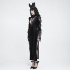 DEVIL FASHION Women's Gothic Velvet Plunging V-Neck Lace Mesh Long Sleeve Dress Black