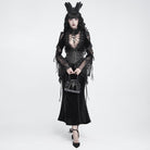 DEVIL FASHION Women's Gothic Velvet Plunging V-Neck Lace Mesh Long Sleeve Dress Black