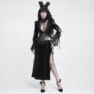 DEVIL FASHION Women's Gothic Velvet Plunging V-Neck Lace Mesh Long Sleeve Dress Black