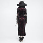 DEVIL FASHION Women's Gothic Velvet Plunging V-Neck Lace Mesh Long Sleeve Dress Black-Red