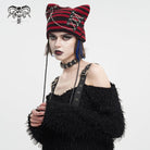 DEVIL FASHION Women's Grunge Striped Pin Car Ears Beanie Red