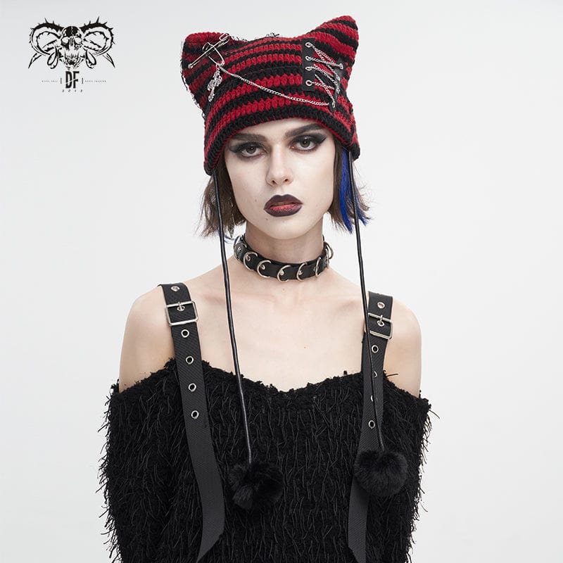 DEVIL FASHION Women's Grunge Striped Pin Car Ears Beanie Red