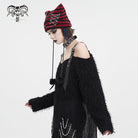 DEVIL FASHION Women's Grunge Striped Pin Car Ears Beanie Red