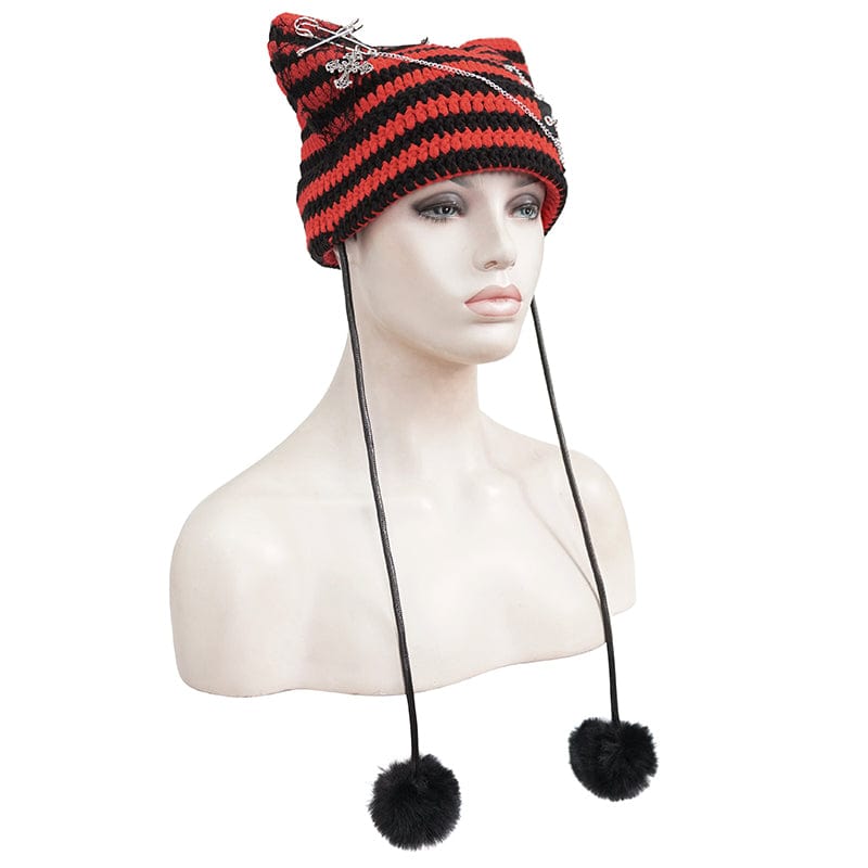 DEVIL FASHION Women's Grunge Striped Pin Car Ears Beanie Red