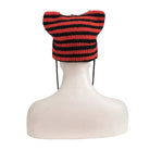 DEVIL FASHION Women's Grunge Striped Pin Car Ears Beanie Red