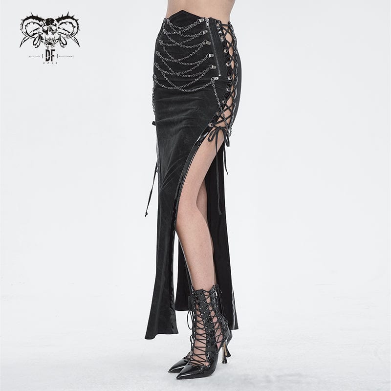 DEVIL FASHION Women's Punk Buckle Side Slit Wrapped Long Skirt