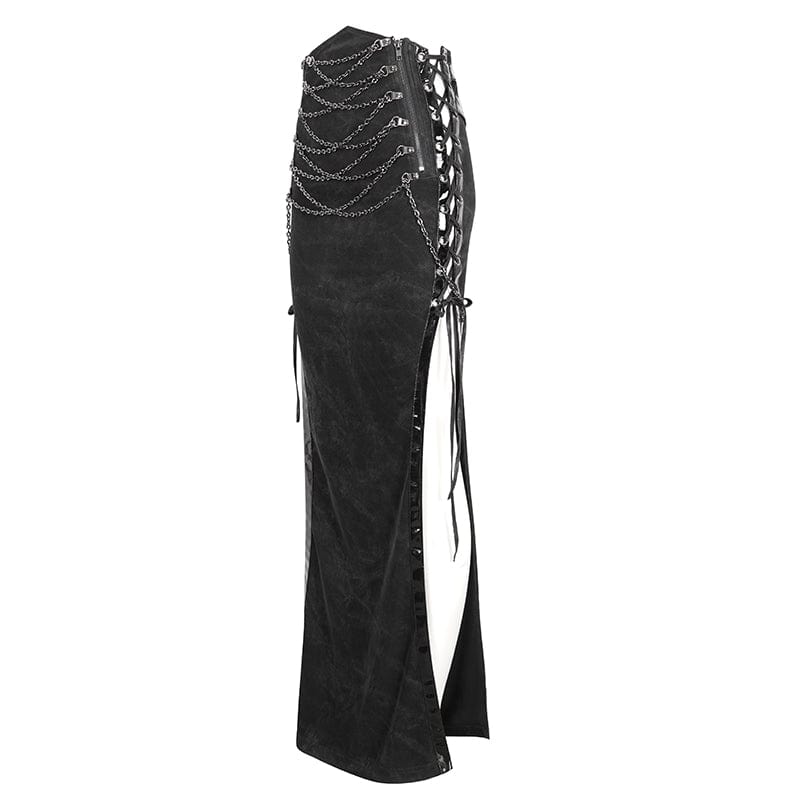 DEVIL FASHION Women's Punk Buckle Side Slit Wrapped Long Skirt