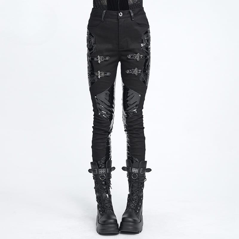 DEVIL FASHION Women's Punk Buckle Strap Patent Faux Leather Spliced Skinny Pants