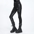 DEVIL FASHION Women's Punk Buckle Strap Patent Faux Leather Spliced Skinny Pants
