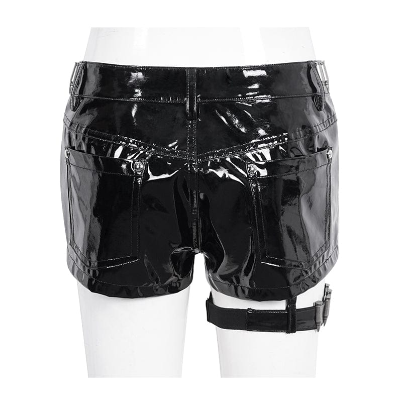 DEVIL FASHION Women's Punk Chain Buckle Faux Leather Shorts