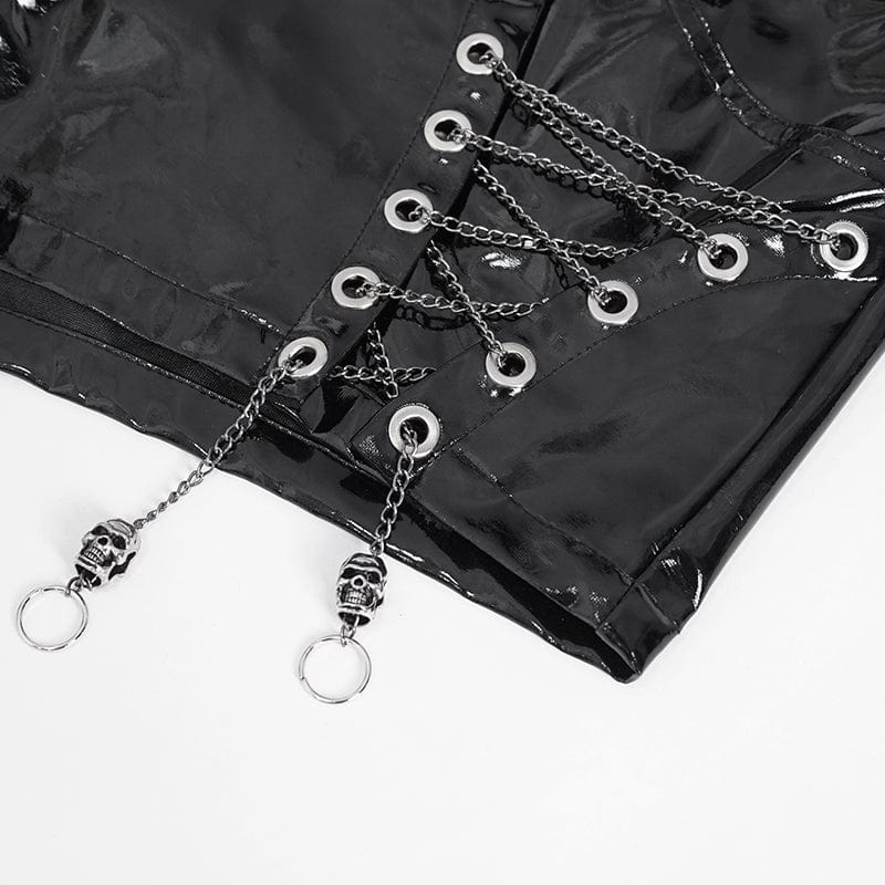DEVIL FASHION Women's Punk Chain Buckle Faux Leather Shorts
