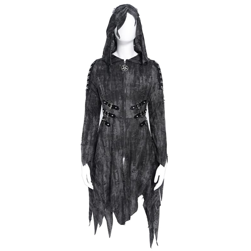 DEVIL FASHION Women's Punk Chain-Detailed Ripped Irregular Hooded Coat