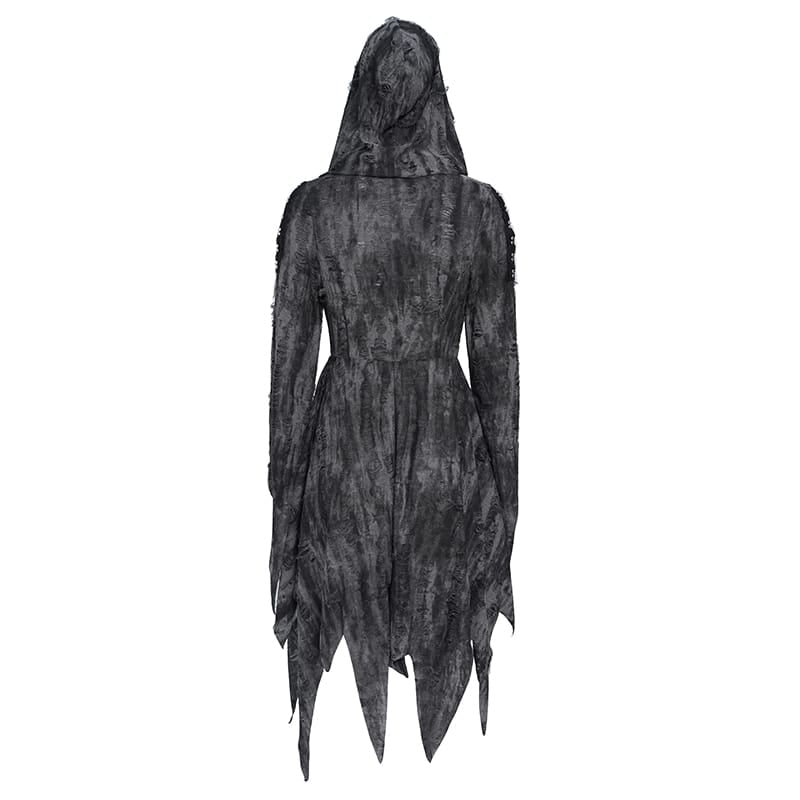 DEVIL FASHION Women's Punk Chain-Detailed Ripped Irregular Hooded Coat