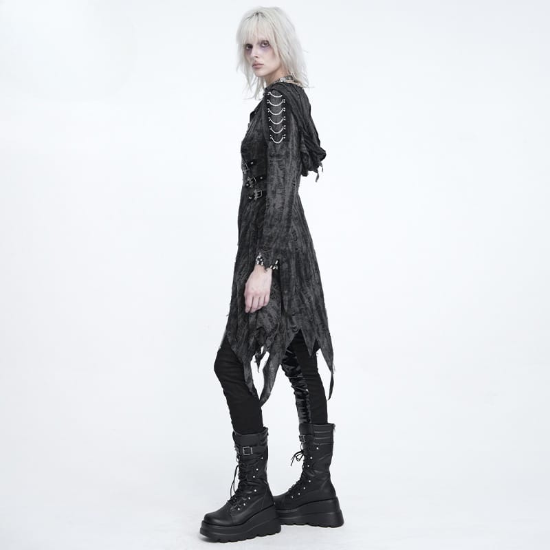 DEVIL FASHION Women's Punk Chain-Detailed Ripped Irregular Hooded Coat
