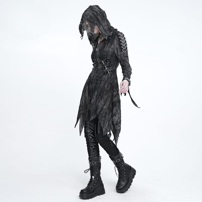 DEVIL FASHION Women's Punk Chain-Detailed Ripped Irregular Hooded Coat