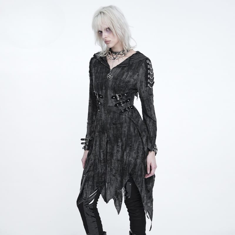 DEVIL FASHION Women's Punk Chain-Detailed Ripped Irregular Hooded Coat