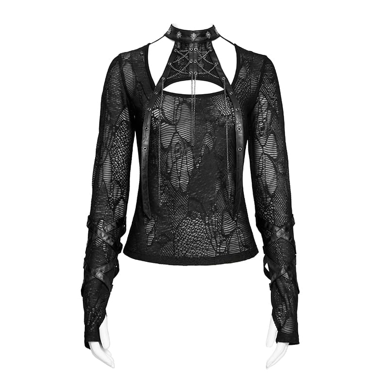 DEVIL FASHION Women's Punk Chained Cutout Long Sleeve Top