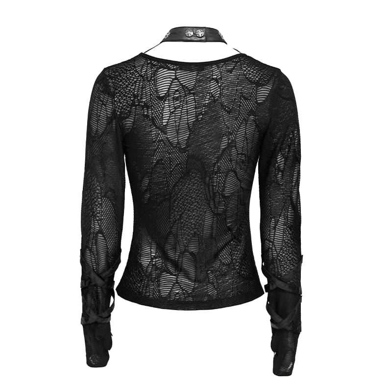 DEVIL FASHION Women's Punk Chained Cutout Long Sleeve Top