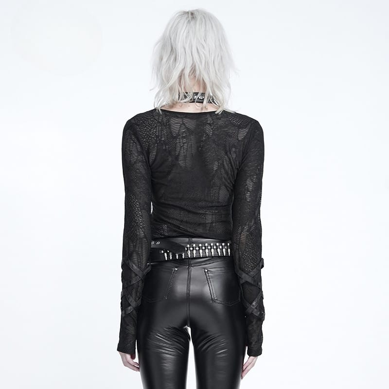 DEVIL FASHION Women's Punk Chained Cutout Long Sleeve Top