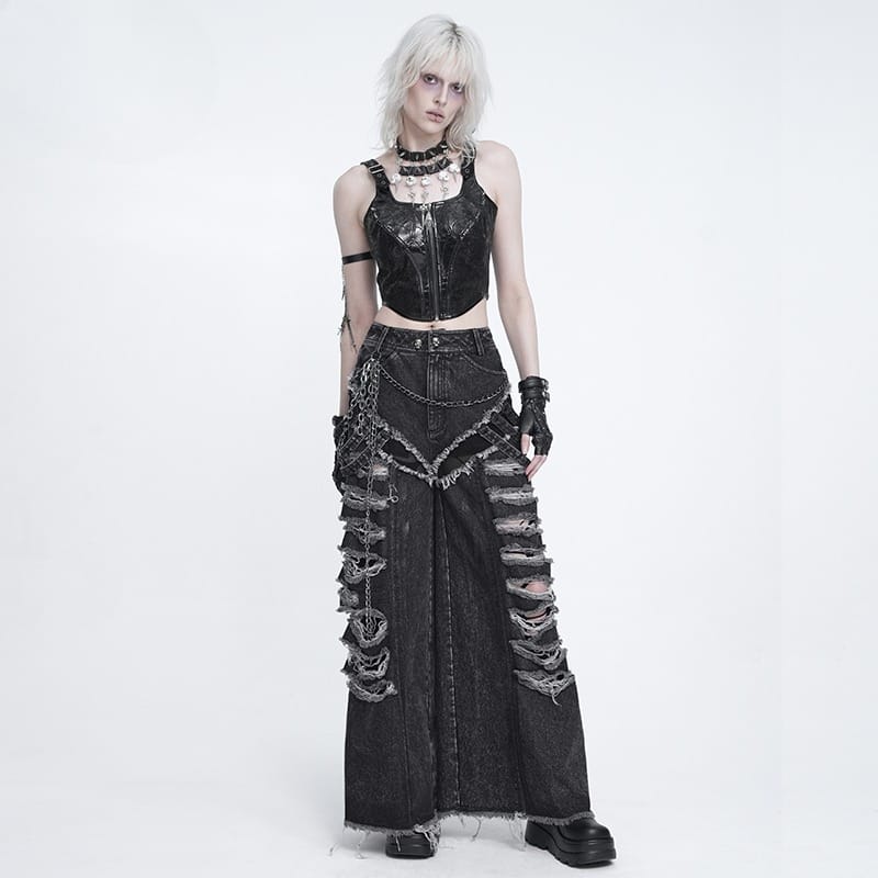 DEVIL FASHION Women's Punk Chained Ripped Raw Edge Wide Leg Jeans