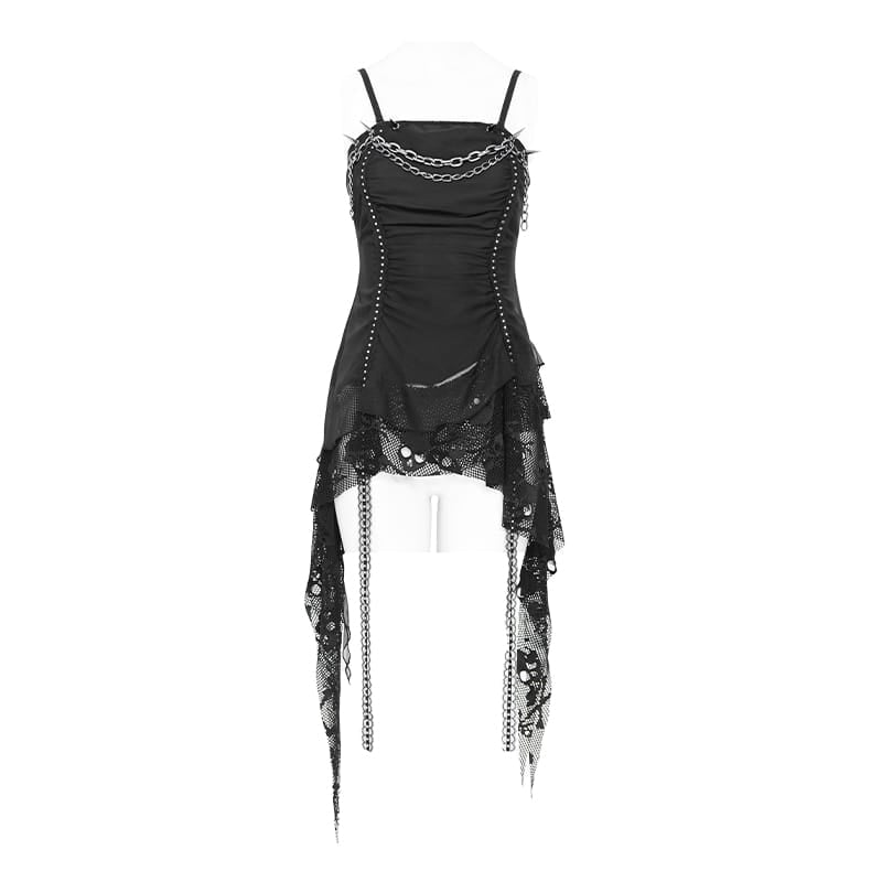 DEVIL FASHION Women's Punk Chained Spiked Asymmetric Tank Top