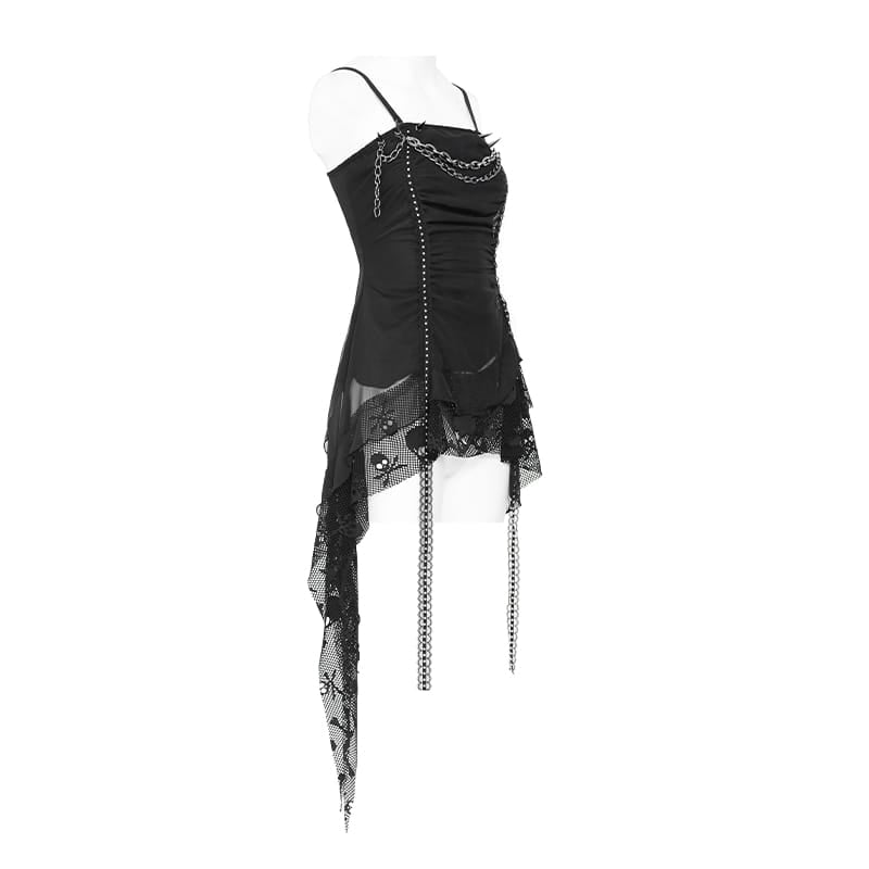 DEVIL FASHION Women's Punk Chained Spiked Asymmetric Tank Top