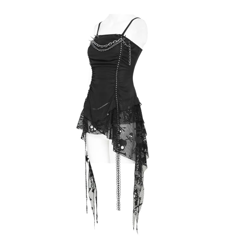 DEVIL FASHION Women's Punk Chained Spiked Asymmetric Tank Top