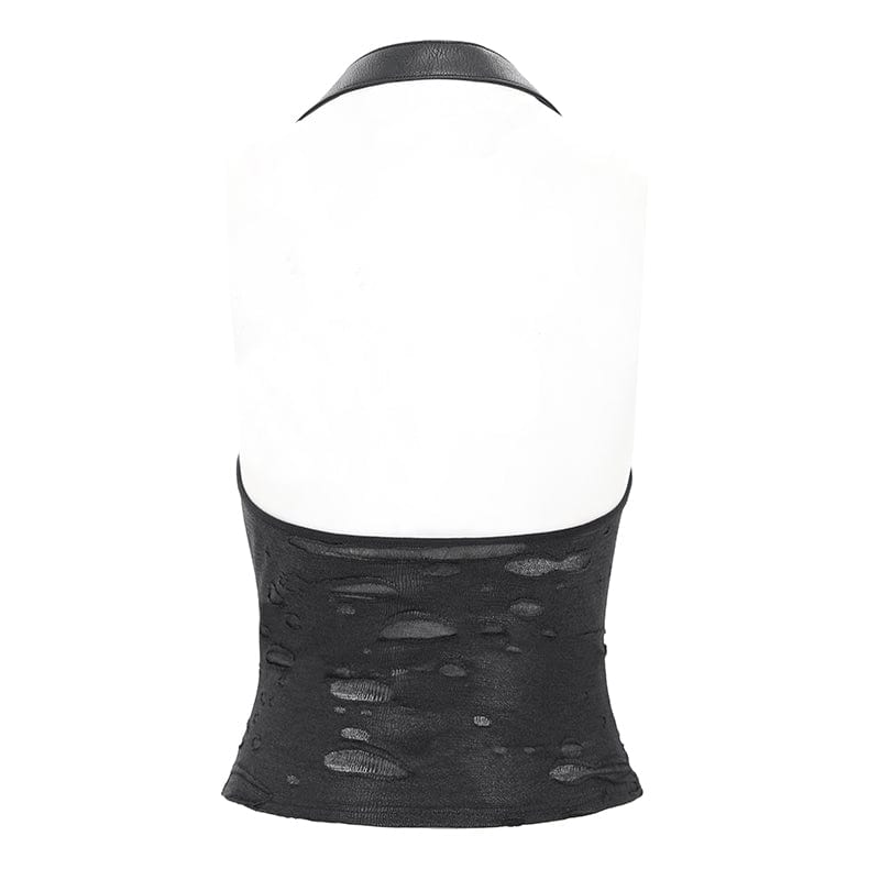 DEVIL FASHION Women's Punk Cowl Neck Ripped Chained Tank Top