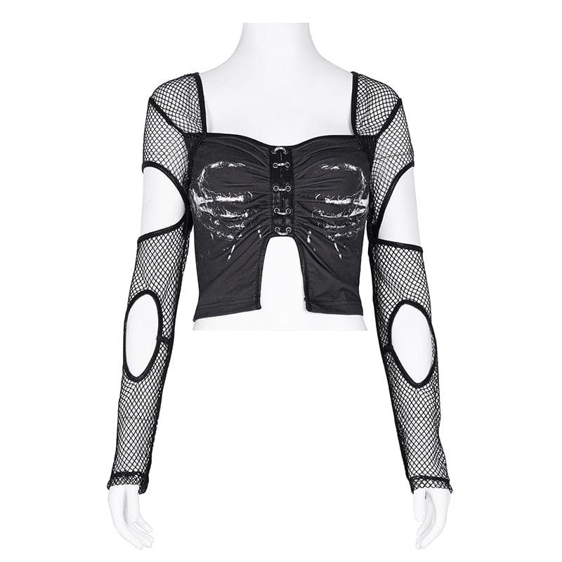 DEVIL FASHION Women's Punk Cut-out Mesh Long Sleeve Crop Top