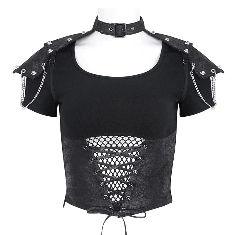 DEVIL FASHION Women's Punk Cutout Mesh Short Sleeved Crop Top
