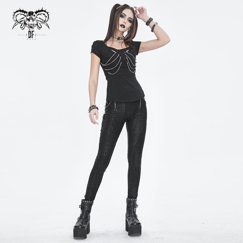 DEVIL FASHION Women's Punk Cutout Ripped Chian Short Sleeved Tee