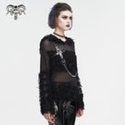 DEVIL FASHION Women's Punk Distressed Sheer Sweater with Hood and Chain
