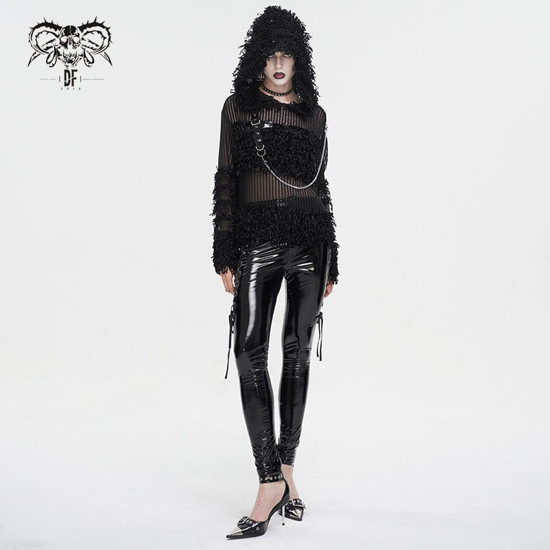 DEVIL FASHION Women's Punk Distressed Sheer Sweater with Hood and Chain