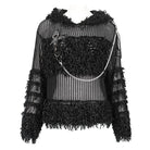 DEVIL FASHION Women's Punk Distressed Sheer Sweater with Hood and Chain