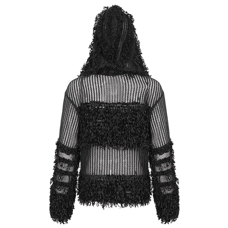 DEVIL FASHION Women's Punk Distressed Sheer Sweater with Hood and Chain