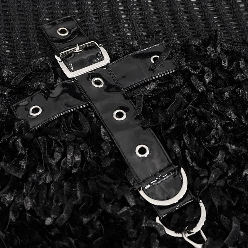 DEVIL FASHION Women's Punk Distressed Sheer Sweater with Hood and Chain