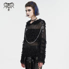 DEVIL FASHION Women's Punk Distressed Sheer Sweater with Hood and Chain