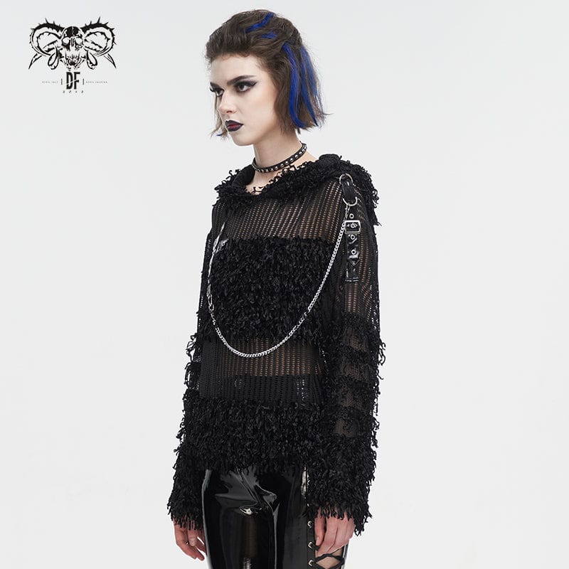 DEVIL FASHION Women's Punk Distressed Sheer Sweater with Hood and Chain