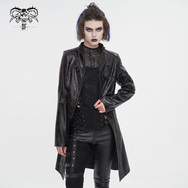 DEVIL FASHION Women's Punk Double-buckle Faux Leather Coat Black