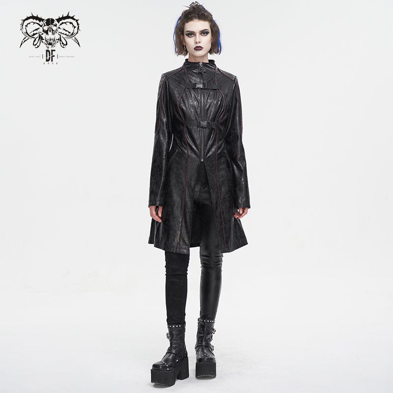 DEVIL FASHION Women's Punk Double-buckle Faux Leather Coat Black